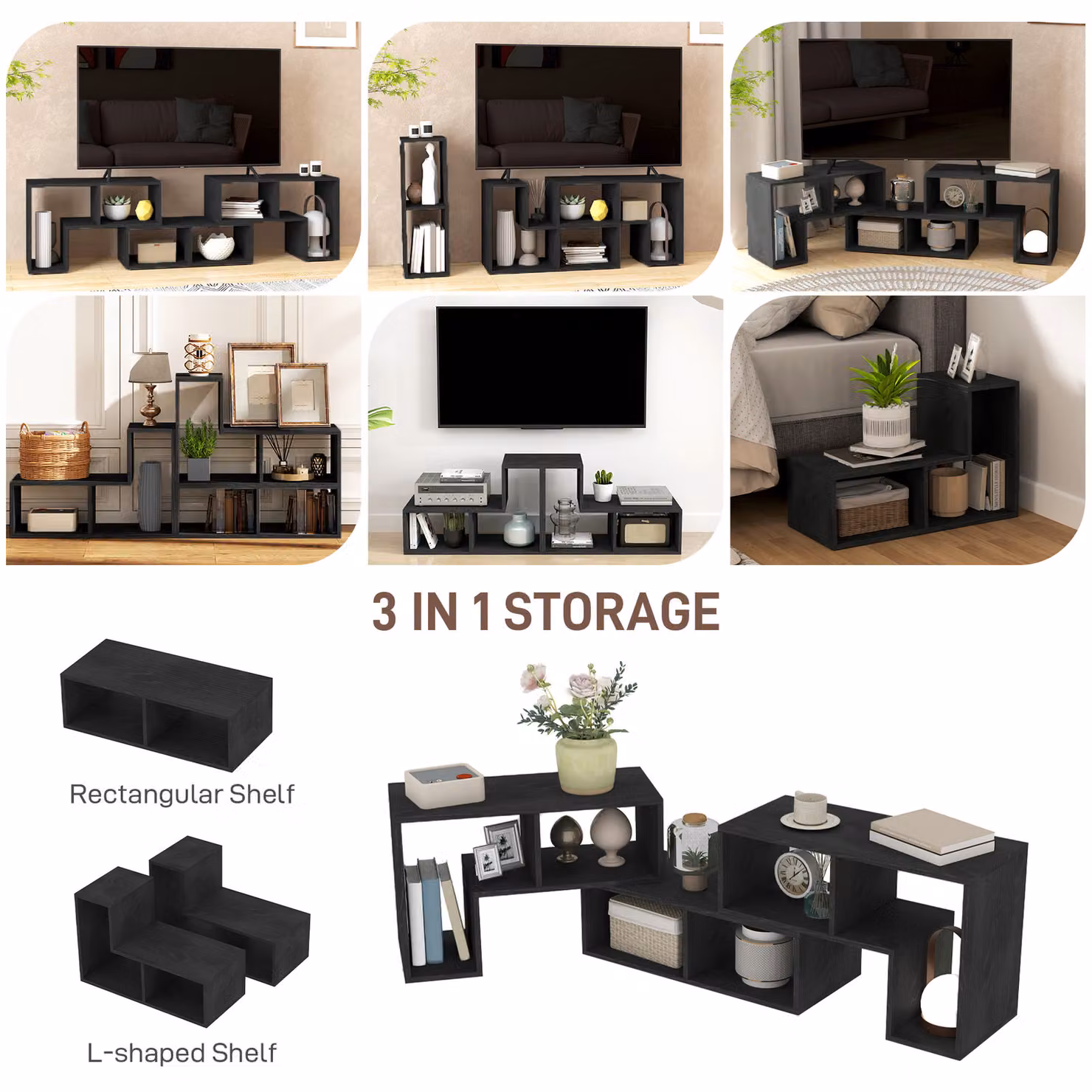 HOMCOM Extendable Black TV Stand for TVs Up to 75 Inches with Storage Shelves and Adjustable Height – 5