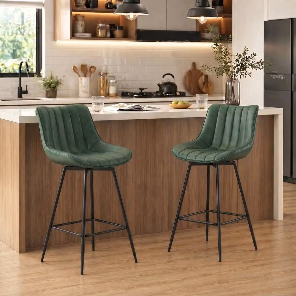 NESTLUNE Set of 2 Modern Swivel Bar Stools with Green PU Leather Upholstery – 2