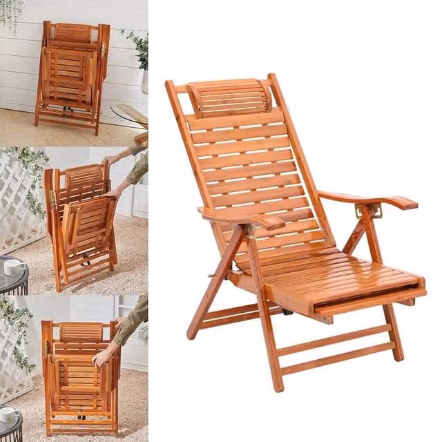 KORVIXA Brown Bamboo Outdoor Recliner Chair Sun Lounger with Armrests