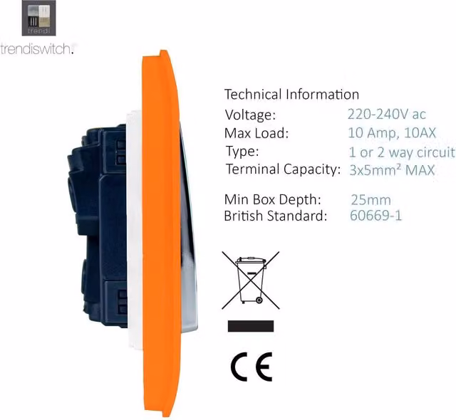 Trendi Modern Plastic 3 Gang 2 Way Triple Electrical Wall Light Switch in Orange and Chrome – 1