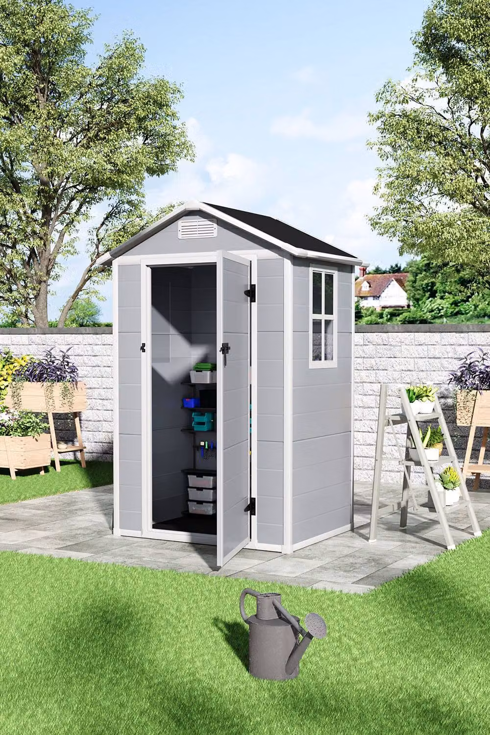 Garden Sanctuary Grey Plastic Apex Roof Garden Storage Shed with Lockable Door, W/D/H: 121.92 x 121.92 x 91.44 cm – 2