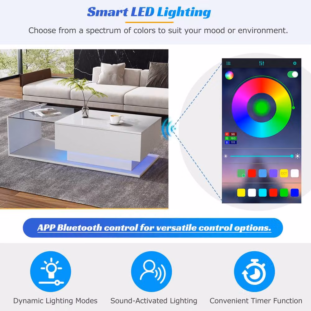 Matteo Modern High Gloss LED Coffee Table with Glass Top and Drawer, White, W/D/H: 50 x 50 x 32 cm – 4