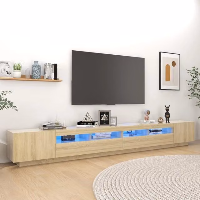 Berkfield Home Modern TV Cabinet with LED Lights in Sonoma Oak and Brown, W: 300 cm, D: 40 cm, H: 40 cm – 1