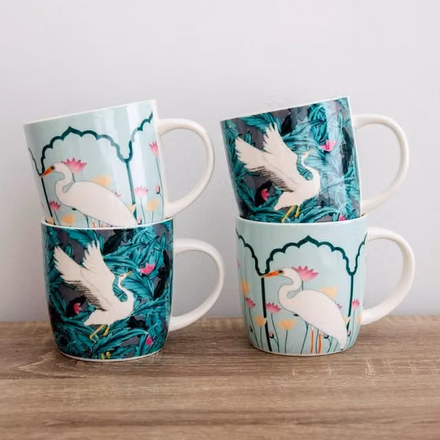 KitchenCraft 4-Piece Exotic Bird Ceramic Coffee Mug Set in Grey