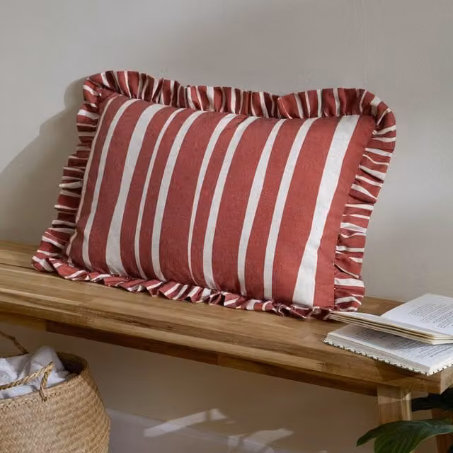 Furn Carmon Striped Ruffle Rectangular Cushion in Red and Linen, W: 60 cm, H: 40 cm, D: 40 cm