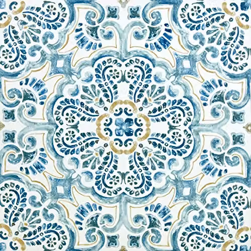 WallPops FP2477 Fontaine Blue Peel and Stick Mediterranean Style Floor Tiles, Set of 10, W/D/H: 30.48 x 30.48 x 0.25 cm