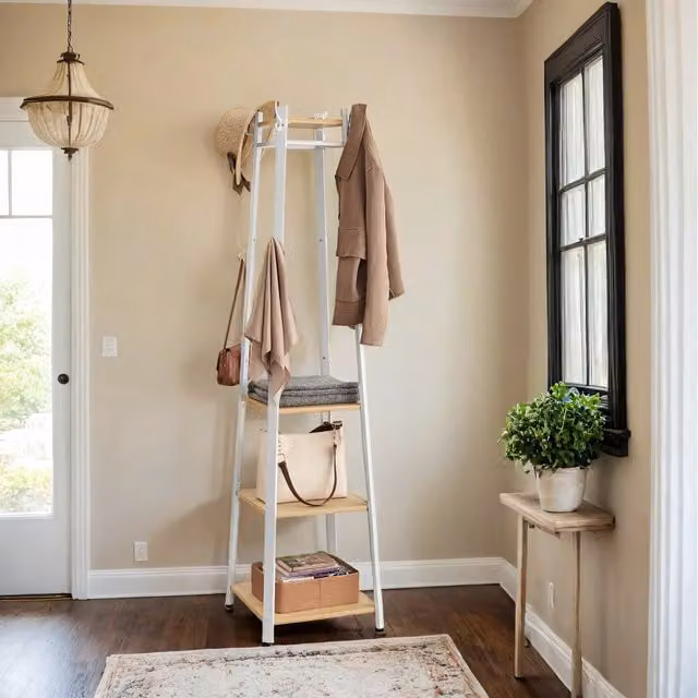 VASAGLE Industrial Coat Rack Stand with Shelves and Hooks, White, H 180 x W 43 x D 43 cm