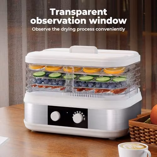 Spector Compact 5-Tray Food Dehydrator in White, 450W Stainless Steel Dryer with Digital Display and Adjustable Thermostat for Jerky, Fruit, Herbs and Yogurt – 6
