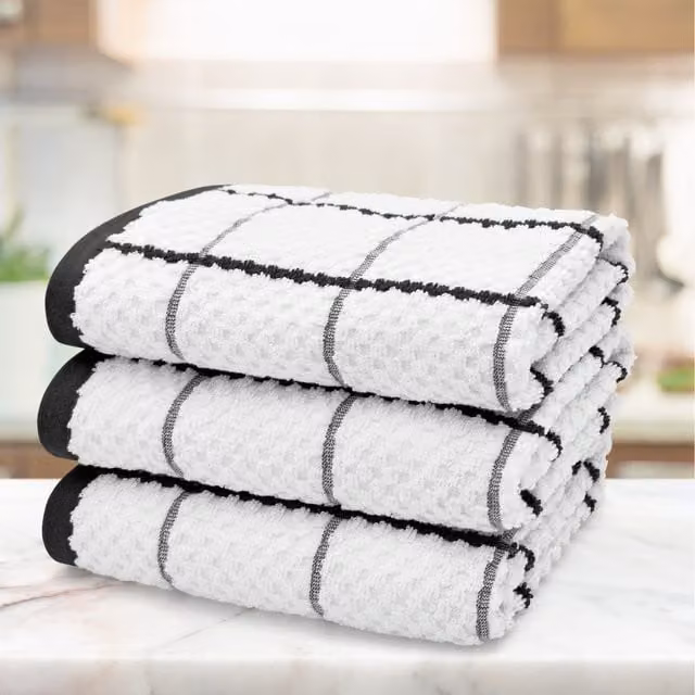 Kitchen Trends Set of 3 Highly Absorbent Checked Cotton Tea Towels in Black, Grey, Beige, Orange and White