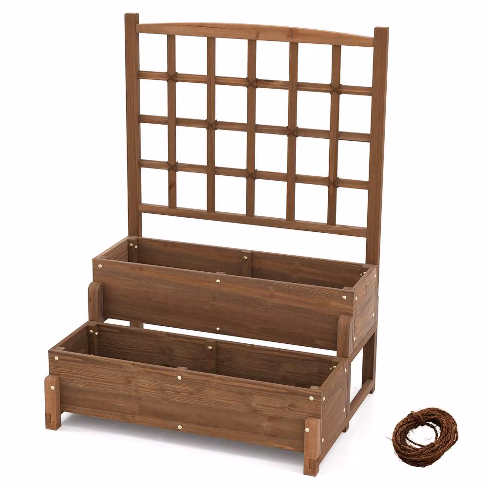 Costway 2-Tier Wooden Raised Garden Bed with Lattice Trellis in Brown, W/D/H: 121 x 67 x 67 cm – 9