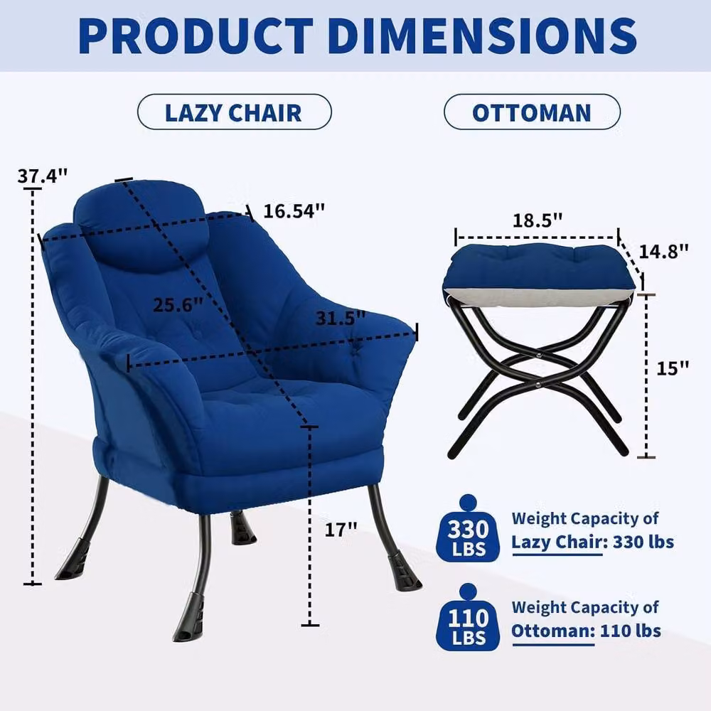 London Boutique Modern Blue Fabric Lounge Chair Set with Ottoman and Integrated Side Pocket – 3