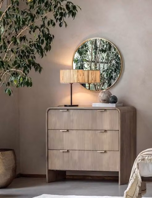 Gallery Direct Colonna 3 Drawer Chest in Natural Mango Wood with Gold and Sand Accents