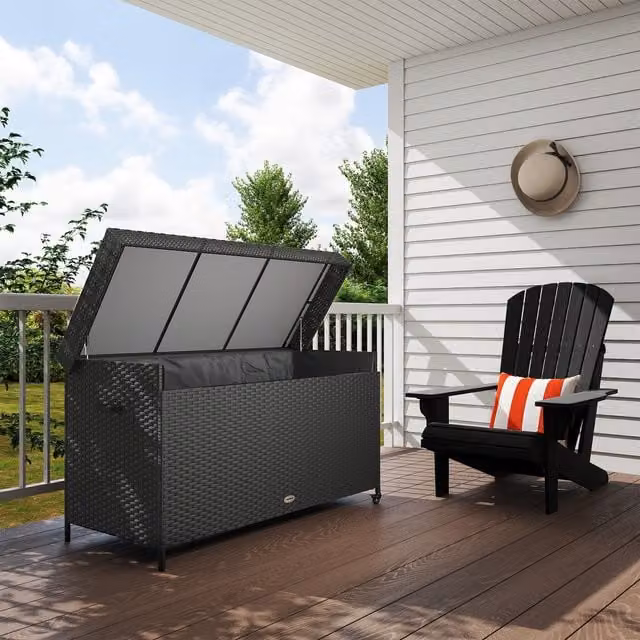 Outsunny Modern Garden Storage Box with Gas Lift Lid and Castors in Black/Anthracite