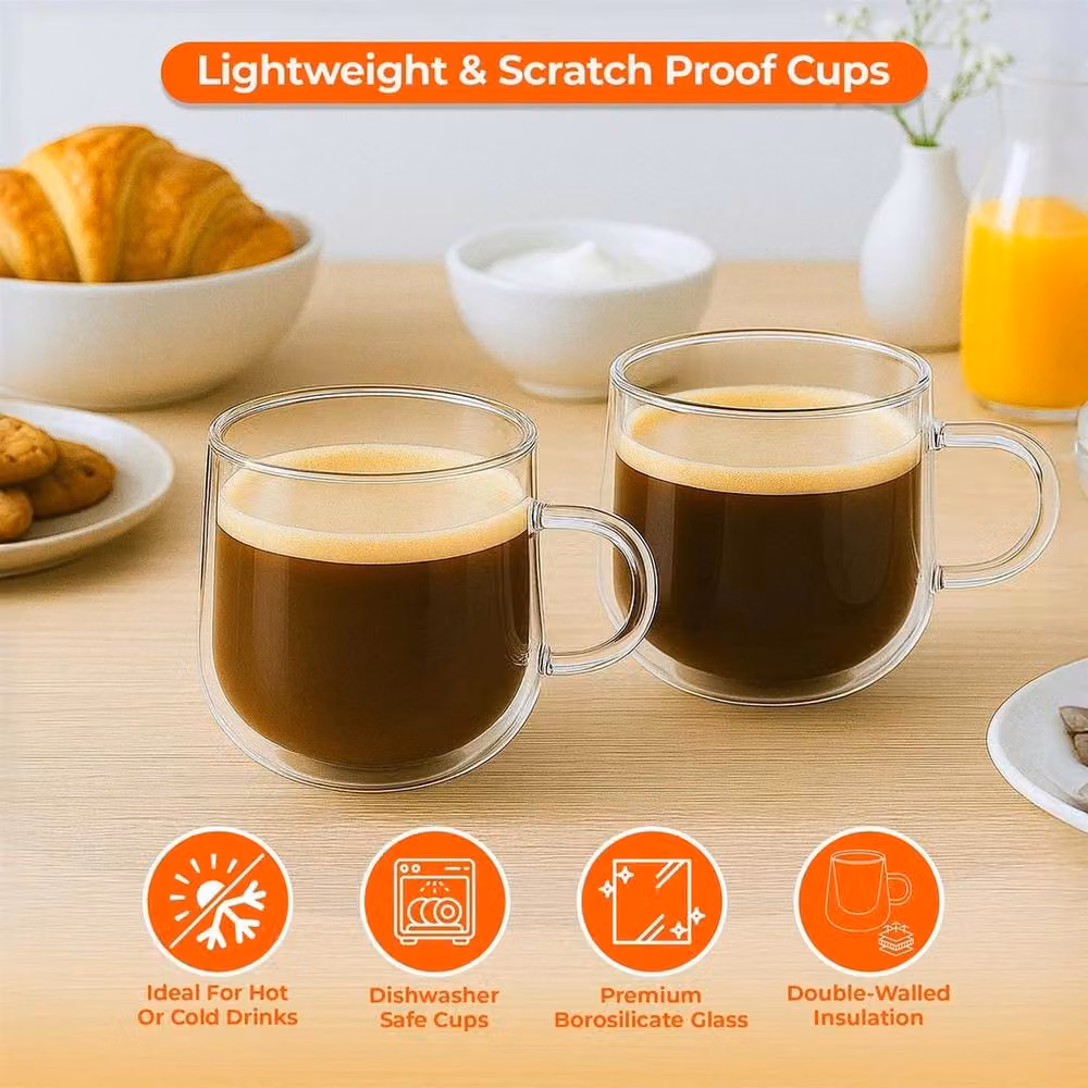 FLAVORA Double Walled Glass Coffee Cups, Set of 2, Clear, 275ml – 3