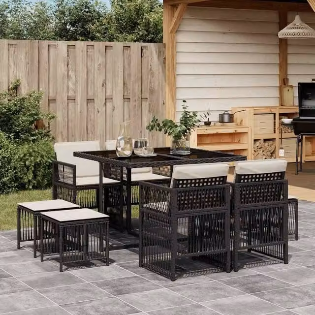 Berkfield Home 9 Piece Black Poly Rattan Garden Dining Set with Glass Tabletop and Cushions
