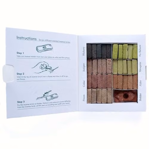 KDMD Himalaya Incense Smudge Bricks and Ceramic Burner Set with 70 Woody Fragrances in Brown and Multicolour