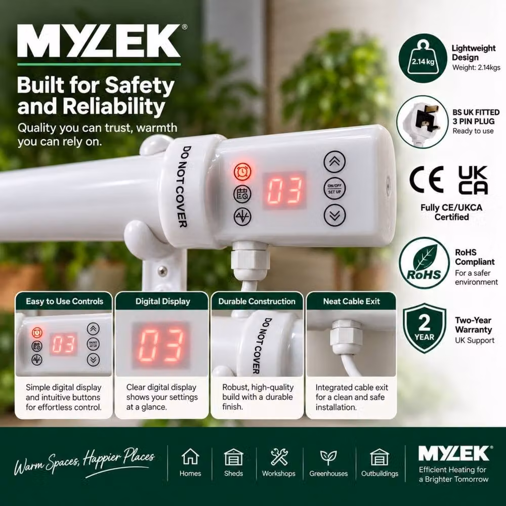 MYLEK 180W White Wall Mounted Infrared Tubular Heater with Digital Timer and Frost Protection – 4