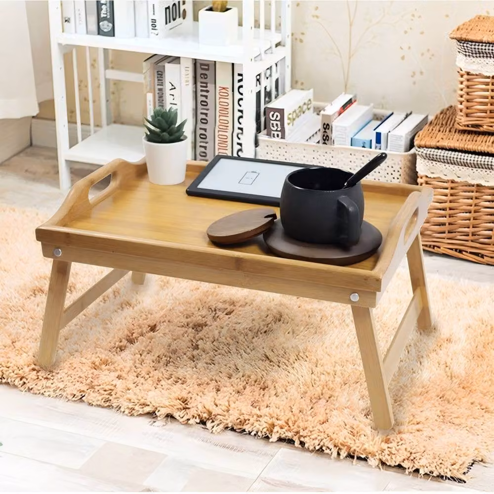KKTONER Versatile Bamboo Bed Tray Table with Folding Legs in Natural Brown and Beige – 2