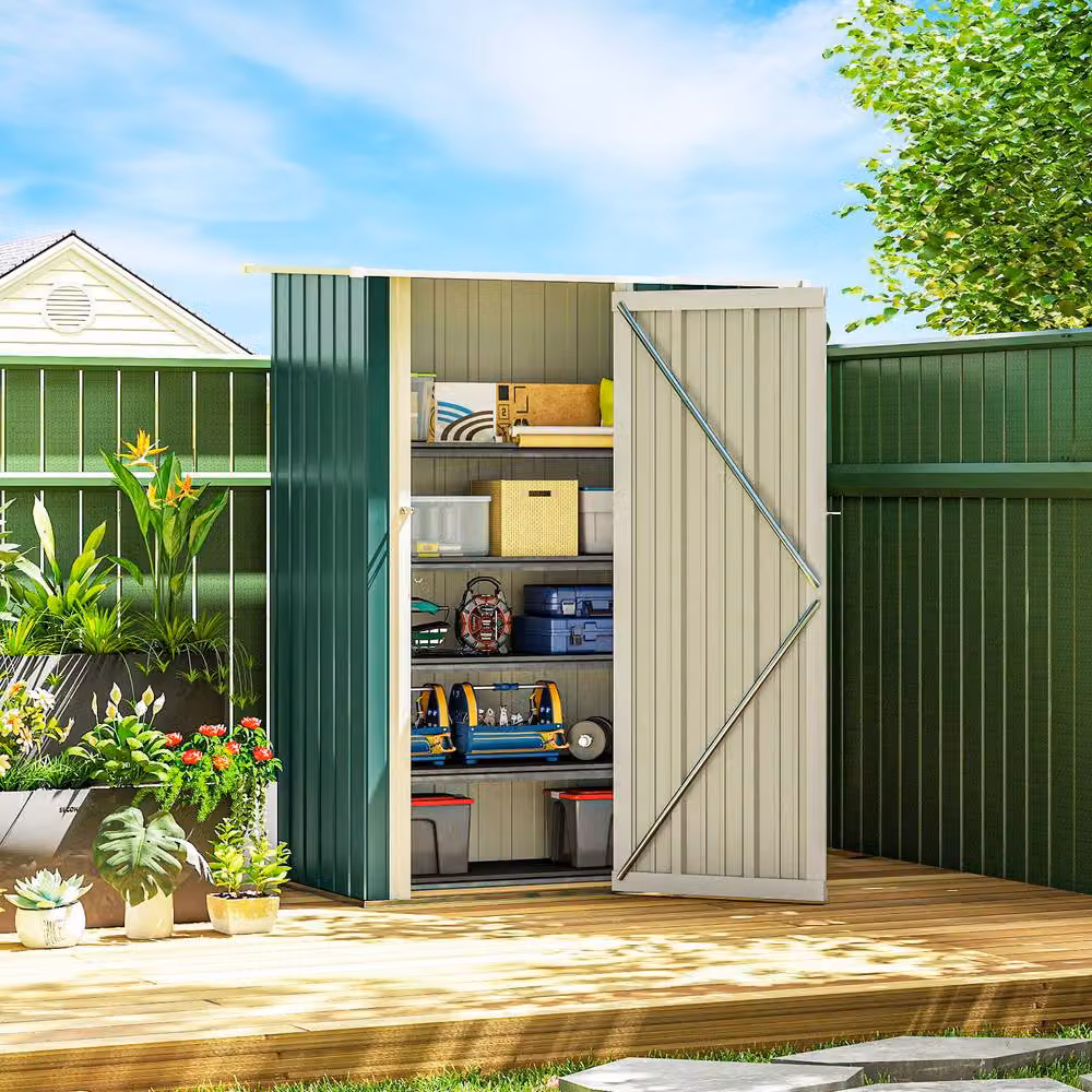 Rolipo Metal Garden Shed with Sloped Roof and Lockable Door, Green, W: 152.4 cm, D: 91.44 cm, H: 91.44 cm – 4
