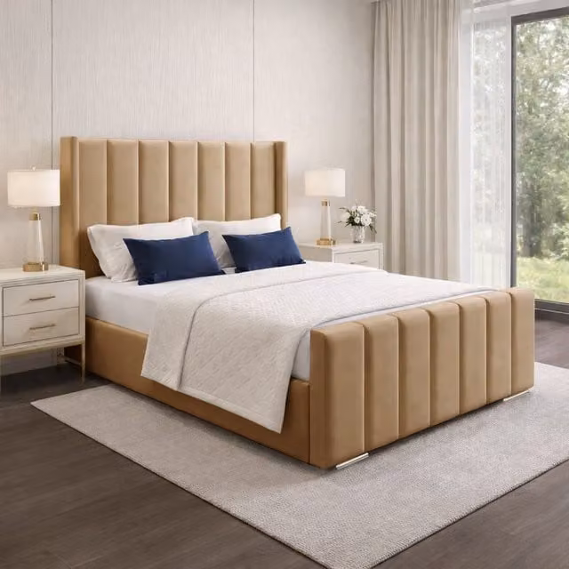 Desire Deco Modern Upholstered Velvet Panel Bed Frame in Orange and Beige, W/D/H: 140 x 200 cm