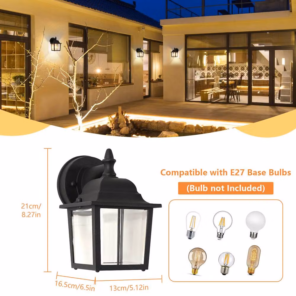 Pheashine Retro Black Outdoor Wall Lantern with Transparent Glass and E27 Fitting – 2
