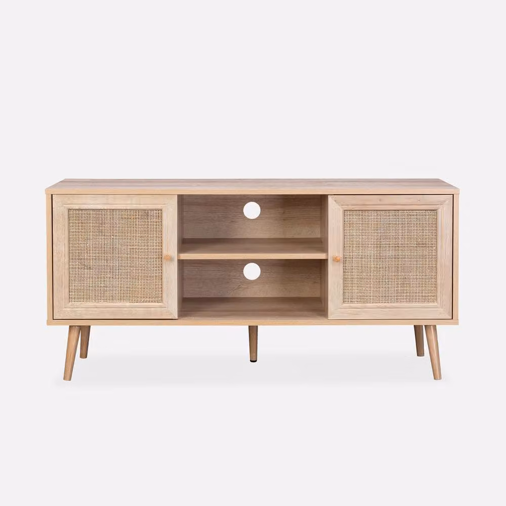 Sweek Boho Style Wooden and Cane Effect TV Unit with 2 Doors in Light Brown, Width: 120 cm – 2