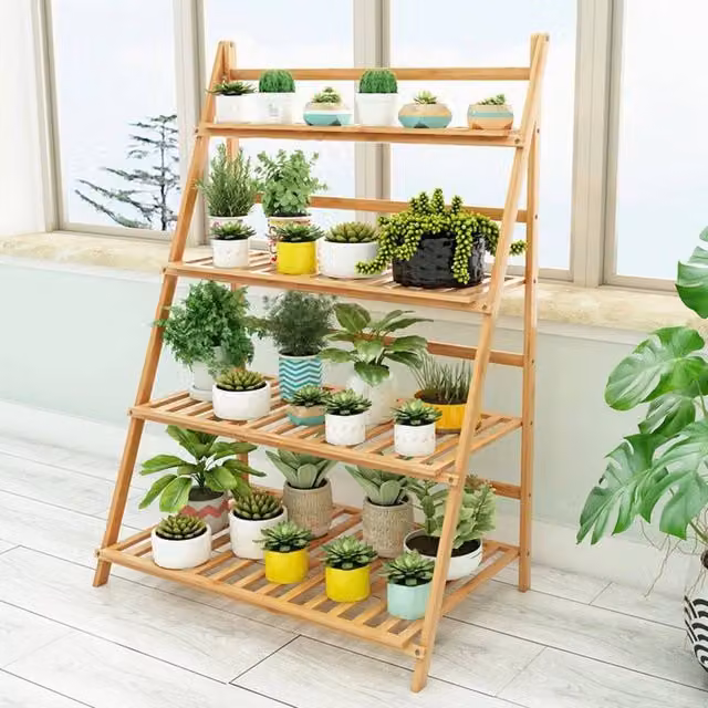 KORVIXA Bamboo Ladder Shelf in Natural Wood, W/D/H: 43 x 43 x 110 cm