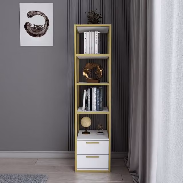 Robbins Minimalist 4-Tier MDF Bookshelf with Cabinets in White and Gold
