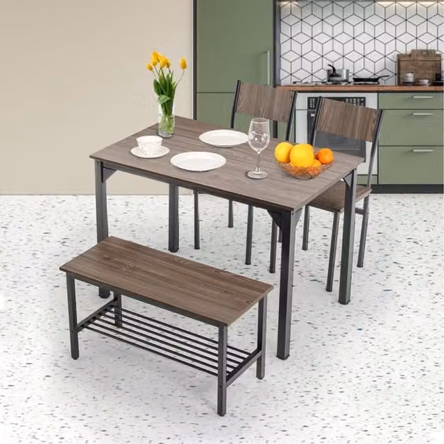 WestWood 4-Piece Industrial Wooden Dining Set with Rectangular Table, 2 Chairs and 1 Bench in Grey