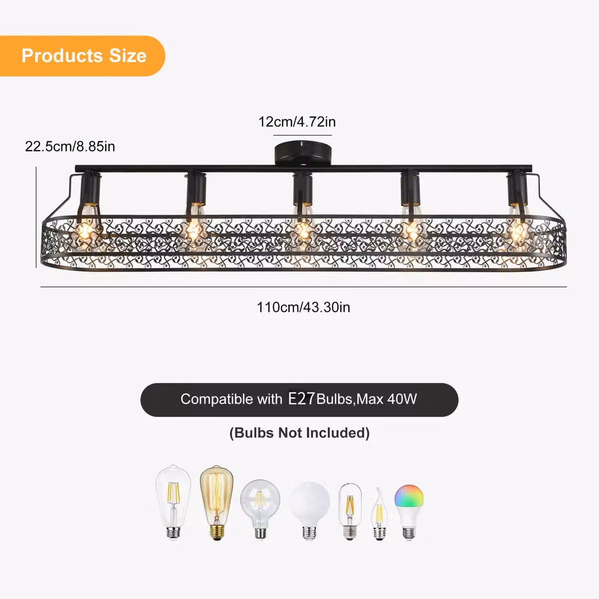 Garwarm 5-Light Farmhouse Metal Dimmable Flush Mount Ceiling Light, Black, W: 110 cm – 3