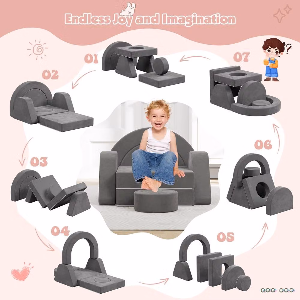 KEEPREAPER Soft Modular Kids Play Couch with Cushions in Grey – 3