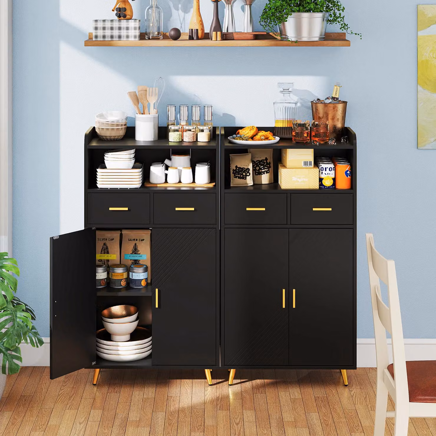 Gymax Modern Freestanding Buffet Sideboard Kitchen Cabinet with 2 Doors and 2 Drawers in Matt Black – 5