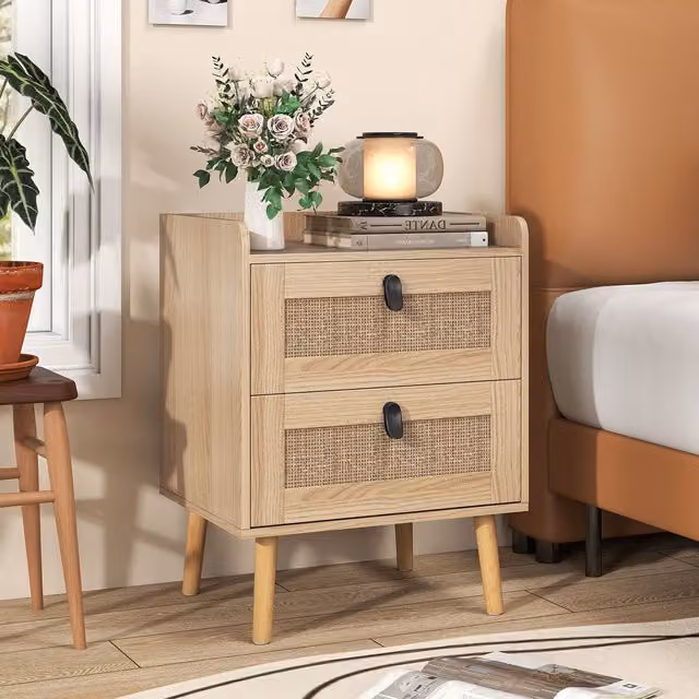 Costway Boho Rattan and Pine Wood Nightstand Side Table in Beige and Brown