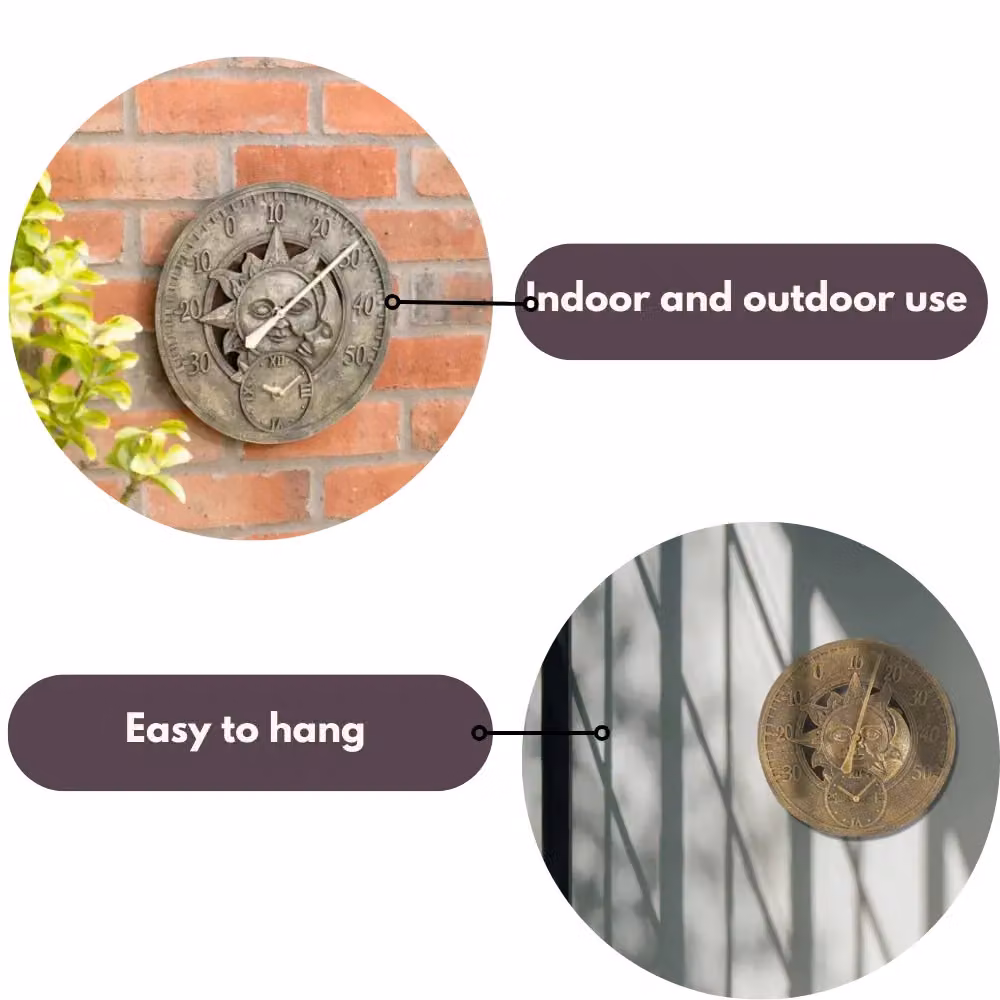 Marco Paul Bronze Sun & Moon Hanging Garden Clock and Thermometer, Diameter: 30 cm – 4