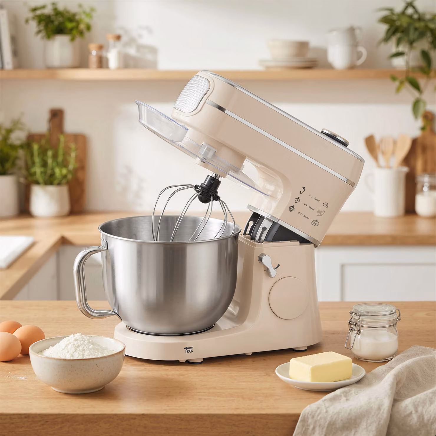 HOMCOM 1400W Tilt-Head Stand Mixer with 6L Capacity, 11 Speeds, Pulse and Fermentation Functions, LED Display, Beige – 2