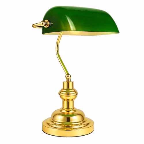Innoteck Classic Bankers Table Lamp with Green Glass and Brass Finish, H 40 cm x W 19 cm x D 19 cm