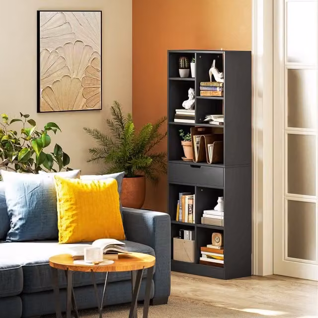 HOMCOM Modern Freestanding Bookcase Display Shelf with Drawer in Black Matt MDF