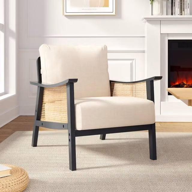 Livingandhome Mid-Century Lounge Armchair with Solid Wood Frame and Rattan Details in Beige