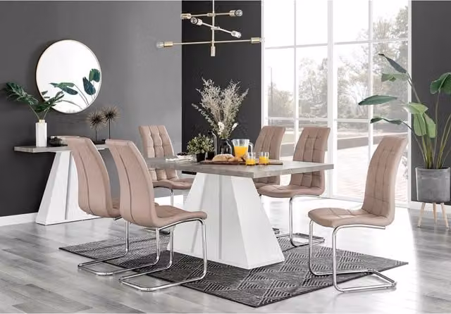FurnitureboxUK Athens Grey Concrete Rectangular Kitchen Dining Table and 6 Murano Chairs in Cappuccino