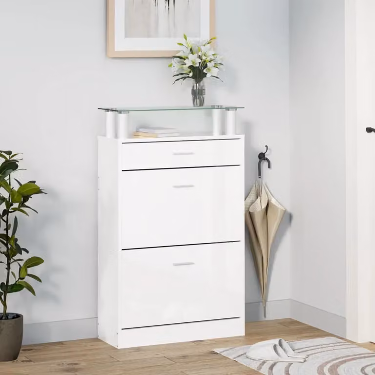 Berkfield Home High Gloss White Shoe Cabinet with Tilting Compartments, W/D/H: 63 x 24 x 104 cm