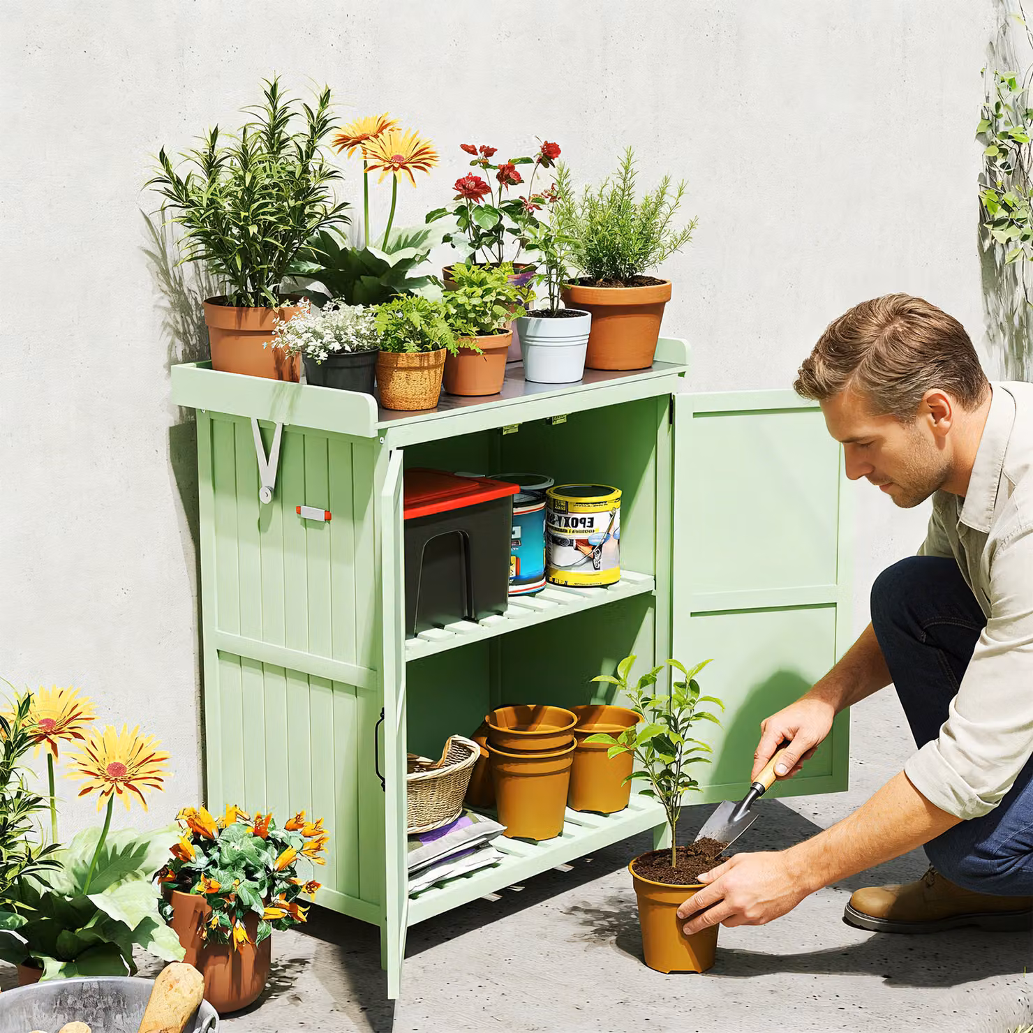 Outsunny Wooden Garden Storage Shed with Double Doors and Internal Shelving, Green, W/D/H: 88.0 x 67.0 x 40.0 cm – 6