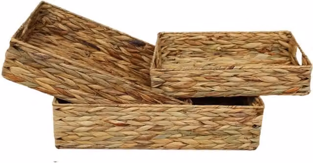 Red Hamper Set of 3 Shallow Rectangular Water Hyacinth Storage Baskets with Handles in Brown