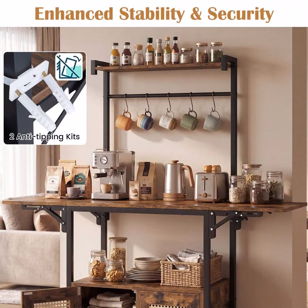 Costway Bakers Rack Microwave Stand with Drop Leaf and Rattan Details in Brown – 7
