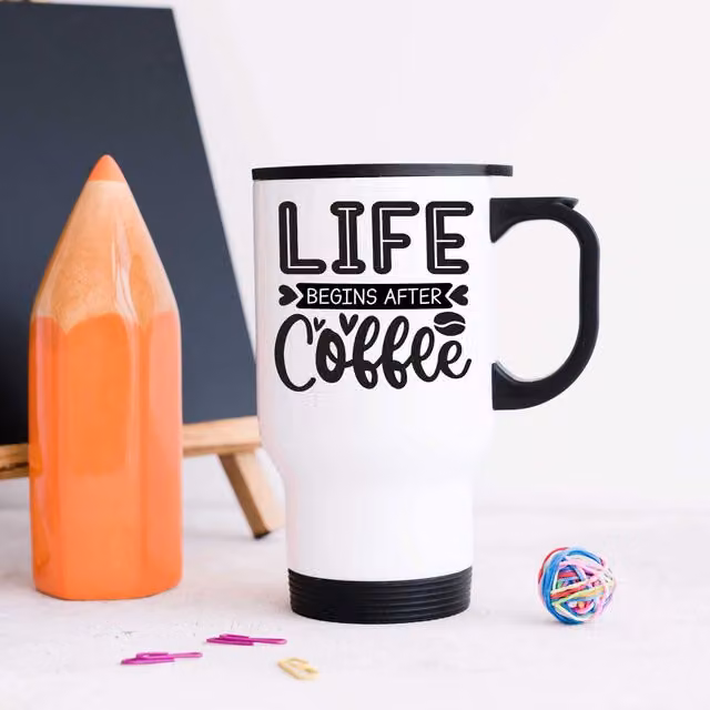 60 Second Makeover Life Begins After Coffee Metal Travel Mug in White – 1