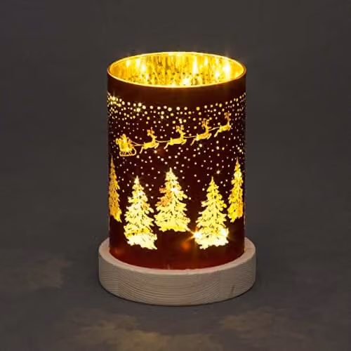 Shatchi Christmas Decorated Red Glass Cylinder Vase Table Lamp with Santa Sleigh Scene, H 16 cm x W 11 cm x D 11 cm