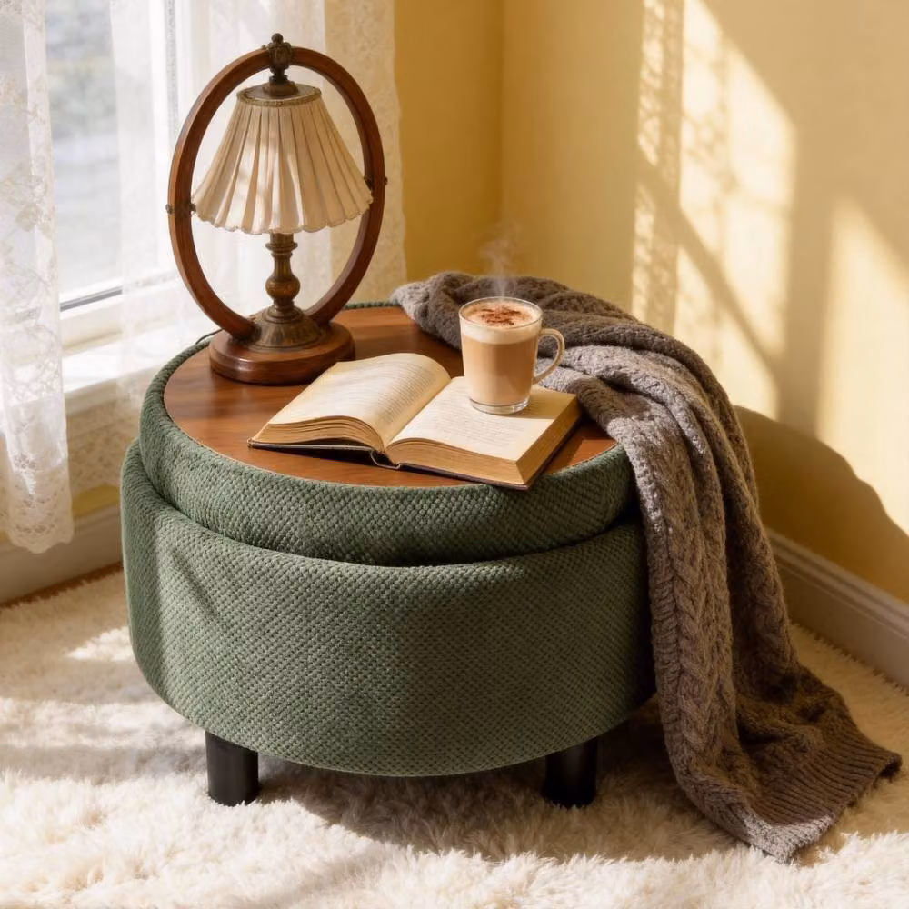 Rolipo Dark Green Round Fabric Storage Ottoman with Wooden Tray Top – 2