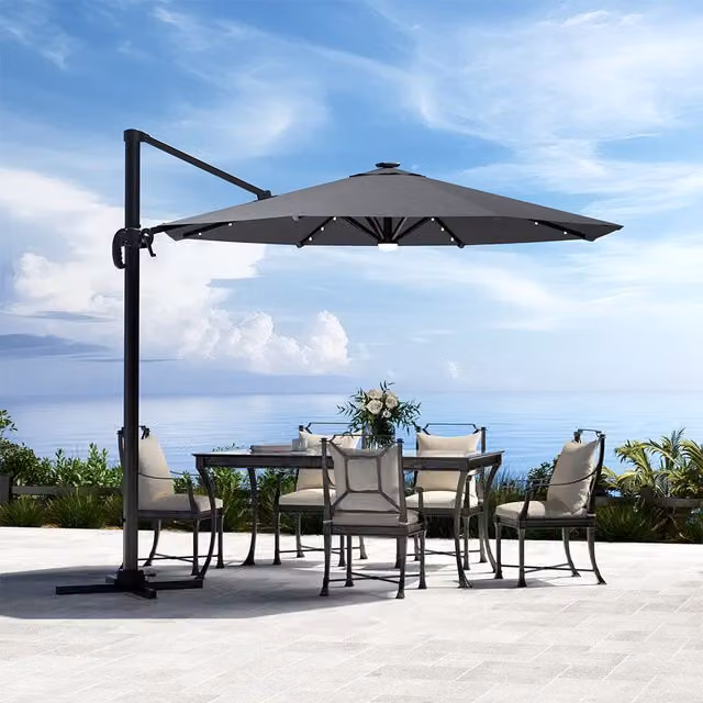 Komore Grey Round Cantilever Garden Parasol with Solar Lights