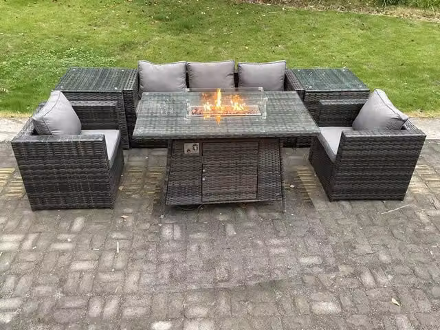 Fimous 5 Seater Outdoor PE Rattan Garden Furniture Set with Gas Fire Pit Dining Table and Heater in Dark Grey
