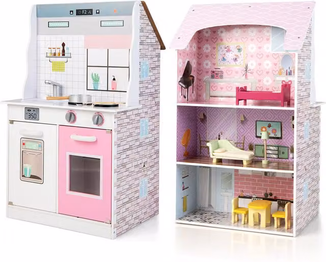 COSTWAY 2-in-1 Wooden Kitchen Playset and Dollhouse in Pink