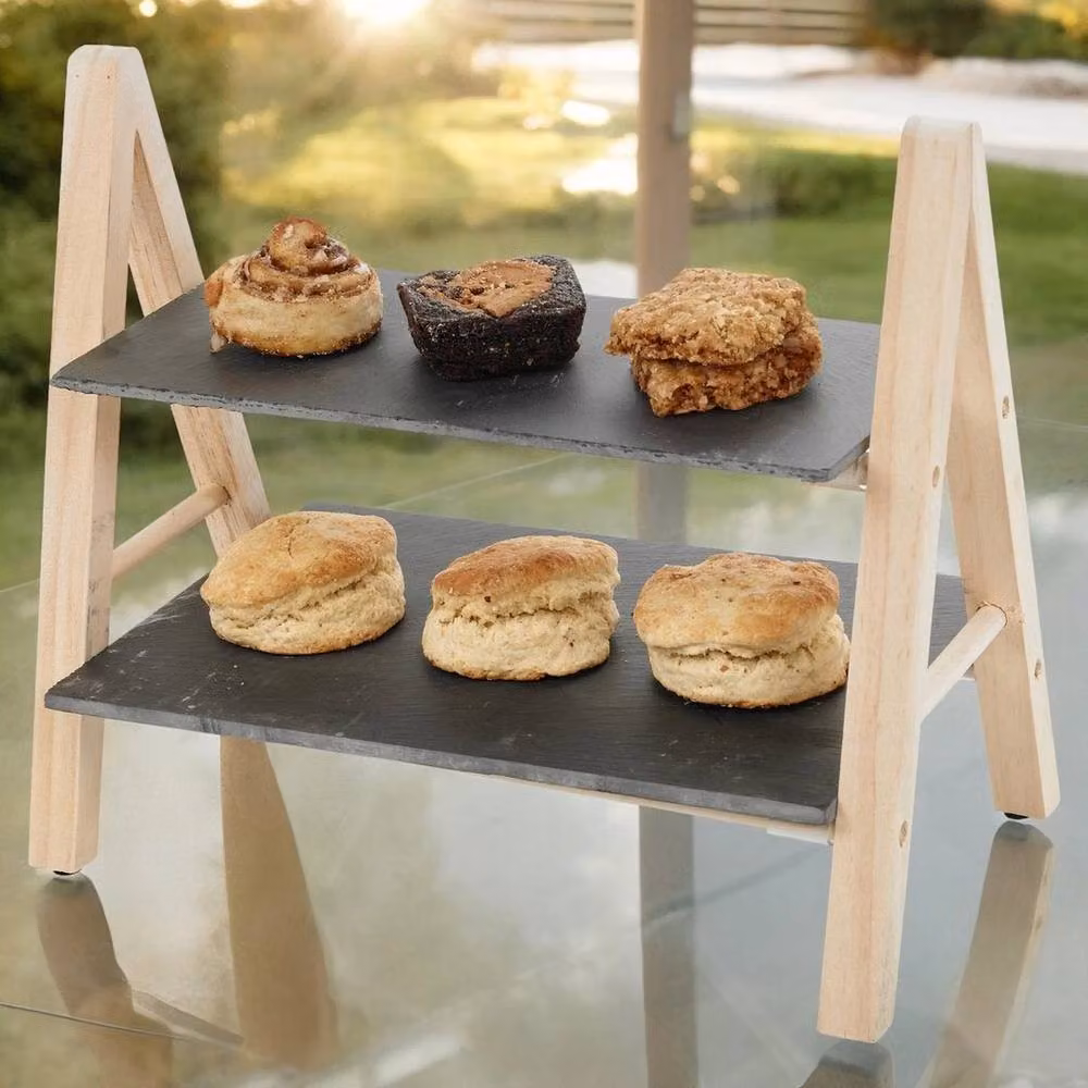 PAWNORA 2 Tier Grey Slate and Wood Rectangular Snack Display Stand – 2